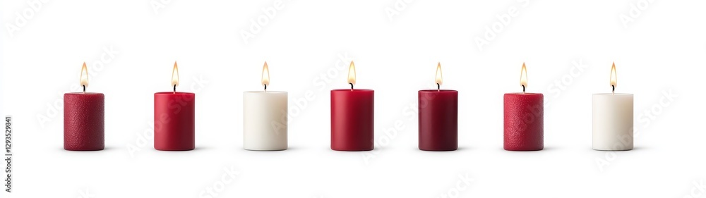 Poster row of colorful candles with flames on a white background