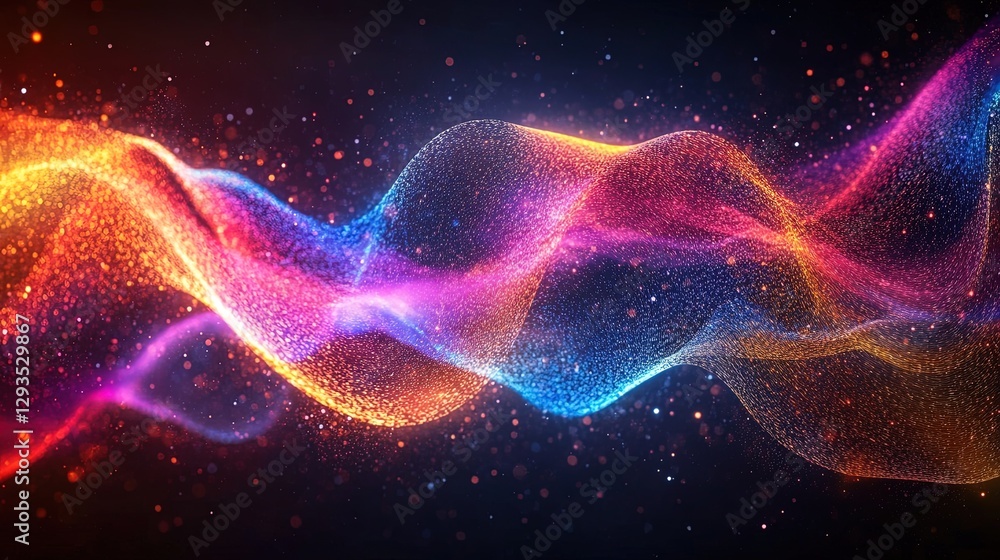 Poster visualization of particle entanglement with overlapping light waves, surreal and colorful