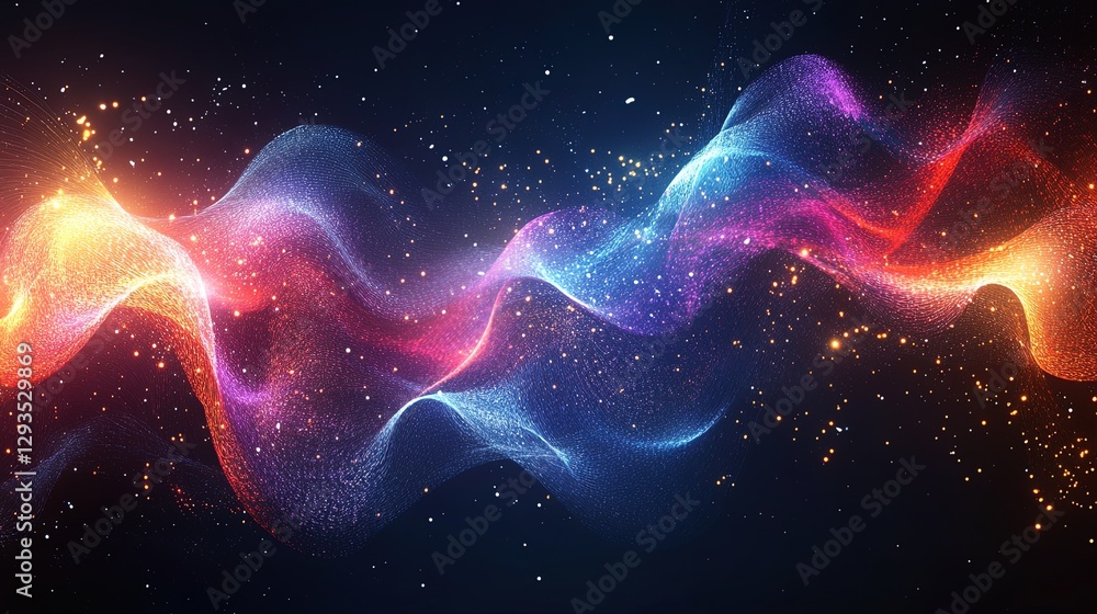 Poster visualization of particle entanglement with overlapping light waves, surreal and colorful