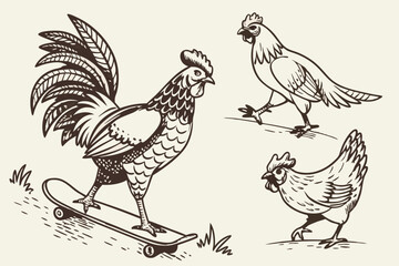 92 Vintage engraved chicken illustrations, quirky farm animals, black and white sketches, whimsical poultry poses, detailed feather textures, humorous bird activities, skateboarding hen, pecking chick