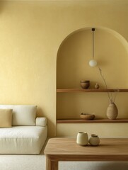 A minimalist living space with cream sofa and wood furniture