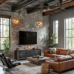 A living room with a brown leather couch and a black flat screen TV. A potted plant is on the coffee table