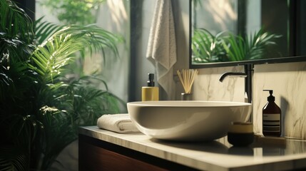 Fototapeta premium A serene bathroom scene featuring a stylish sink, lush greenery, and elegant toiletries, creating a calming and refreshing atmosphere.