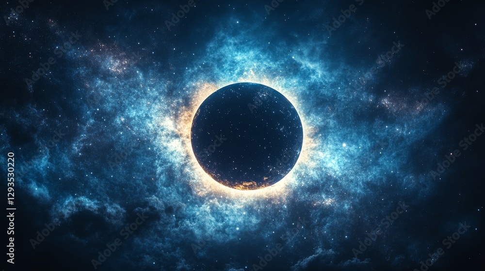 Poster eclipse viewed from space with glowing corona and starry background. cosmic wonder and celestial phe