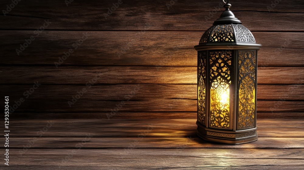Poster elegant vintage lantern with intricate patterns illuminating rustic wooden background for ambiance a