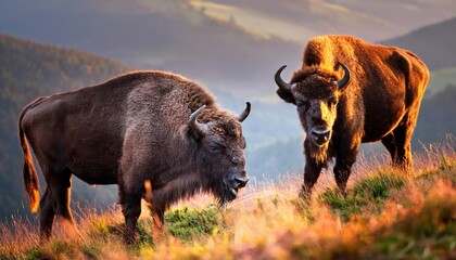 Majestic Wisent Amidst Snowy Carpathian Mountains A Powerful Giant Roaming the Bieszczady Landscape in Winter Twilight