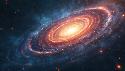 Obraz premium Dramatic space background of spiral galaxy with bright center. Cosmic wallpaper showcases universe, astrophysics and cosmic dust. Celestial beauty of cosmos, awe, infinite wonder.