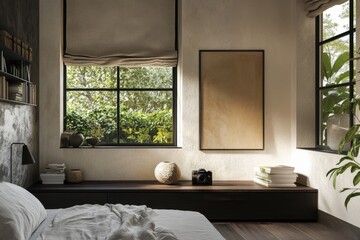 A bedroom with a white bed and a wooden nightstand. A vase is on the nightstand