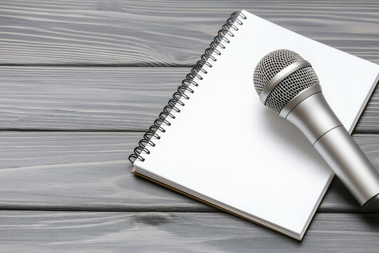 Notepad and microphone sit on a wooden background with copy space. World Press Freedom Day concept
