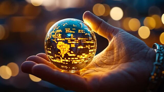Hand holding illuminated world globe at night