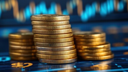 Stacks of Gold Coins on Financial Background with Stock Market Graphs and Data Analysis for Business Investment and Economic Growth