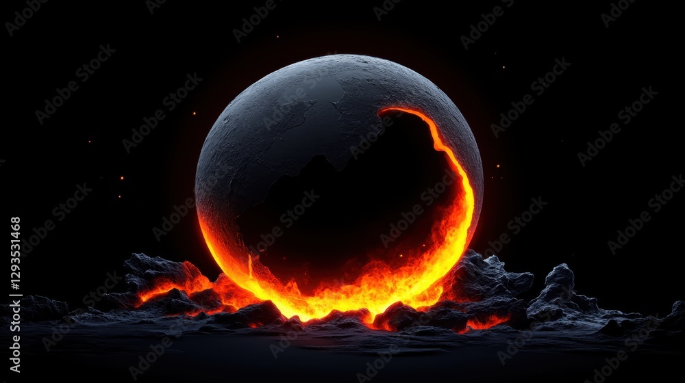Poster eclipse shadow background with molten obsidian texture and glowing ember pattern