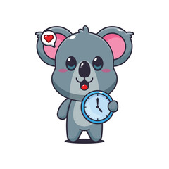 Koala cartoon vector illustration with clock