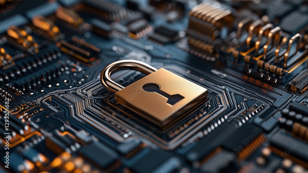 Poster golden padlock symbolizing digital security on a complex printed circuit board with intricate electr