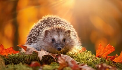 European Hedgehog Erinaceus europaeus Ambling through Autumns Bounty Glimpse a Cozy Woodland Wonderland, Filled with Crisp Leaves, Mushrooms, and Brisk Air, Capturing the Magic of Nature at its