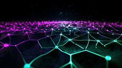 Abstract Network Visualization Glowing Pink Purple Teal Nodes Dark Background