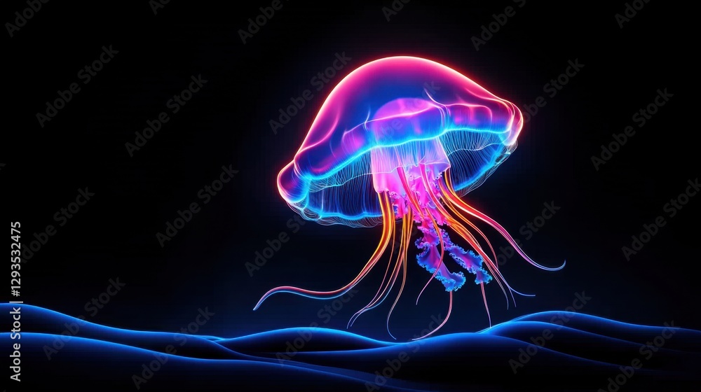 Poster neon cyan background with bio-luminescent jellyfish texture and pulsating pattern