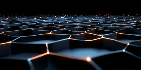 Obraz premium A mesmerizing abstract background featuring an intricate network of interconnected luminous hexagons, pulsating with a cyber-digital glow. The futuristic pattern symbolizes artificial intelligence,