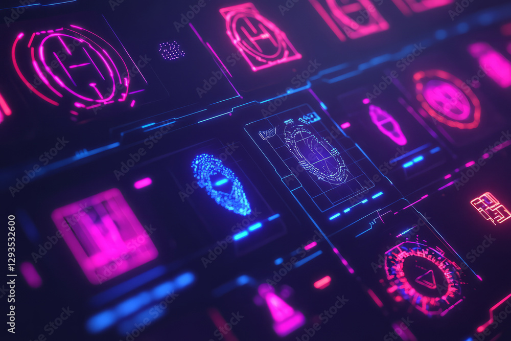 Poster a futuristic holographic interface displaying glowing ai-driven biometric scans, cybernetic facial r