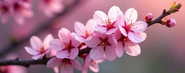 Obraz premium Bunch of delicate pink blossoms on a tree branch , romantic, botany