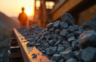 Ore rocks on conveyor belt for mineral resource exploration, extraction. Mining industry worker inspects stones. Excavation equipment at mine in Australia. Industrial machinery transports minerals,