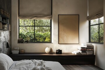 A bedroom with a bed, a vase, a camera, and a bookcase. The bed is covered with a white blanket
