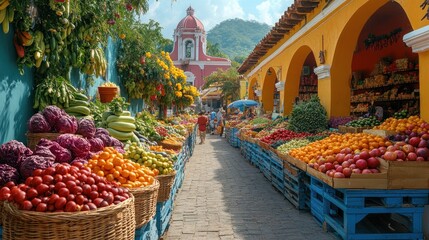 Colorful vibrant market stalls with fruits and vegetables