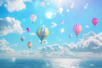 Fototapeta premium Illustration of a whimsical hot air balloon festival high above a vast ocean. The sky is filled with vibrant balloons in various shapes and colors, drifting lazily amidst fluffy clouds, while the sea