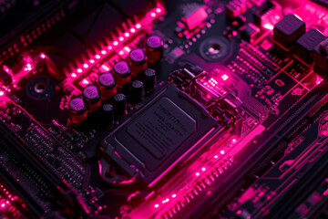 Fototapeta premium Futuristic motherboard close-up with neon-lit circuits, high-tech digital elements, cyberpunk-inspired design, ultra-HD, high-resolution photorealistic detail.