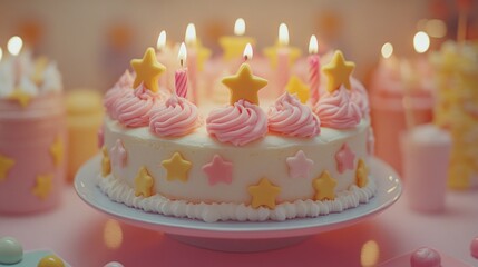 Pink birthday cake candles lit party table