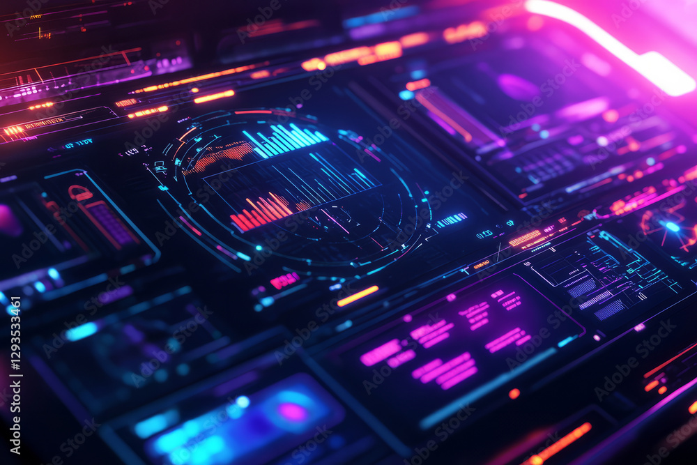 Poster abstract cybernetic interface with a glowing holographic dashboard, displaying futuristic data chart