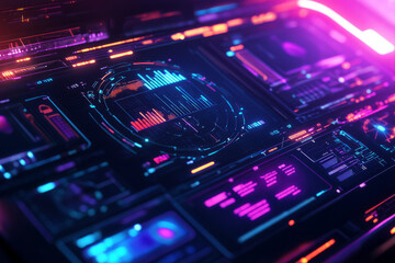 Fototapeta premium Abstract cybernetic interface with a glowing holographic dashboard, displaying futuristic data charts, neural networks, and AI-driven digital elements. The high-tech background includes luminous