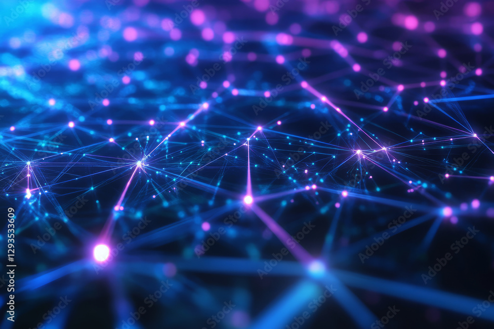 Poster a futuristic technology background featuring a vast digital network of glowing interconnected nodes,