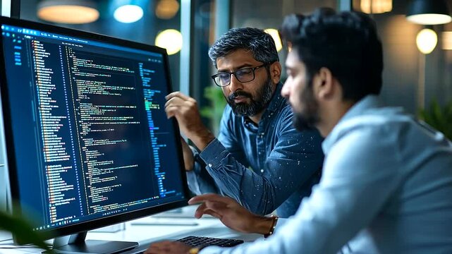 Two Indian male software engineers collaborating on blockchain code