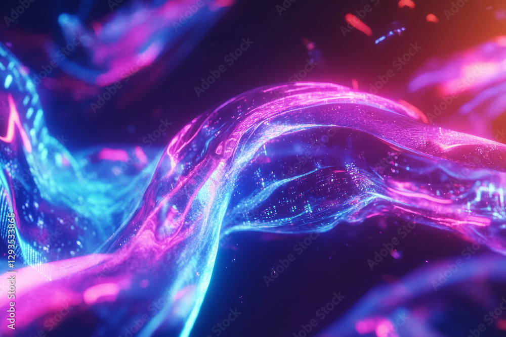 Poster a dynamic energy wave composed of digital light particles, neon data streams, and floating cyberneti