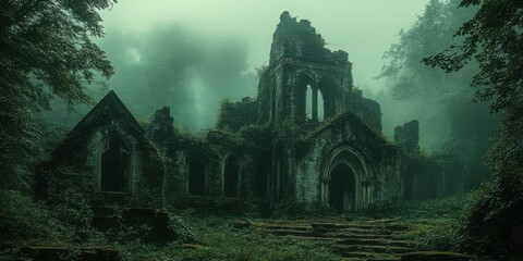Abandoned Castle Ruins in a Foggy Forest Against Transparent Background for Fantasy Art, Haunted Themes, or Medieval Design Projects