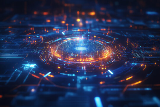 A floating holographic data core, surrounded by glowing cybernetic energy waves, futuristic digital pathways, and interconnected AI-driven neural networks. The ultra-HD abstract technology background