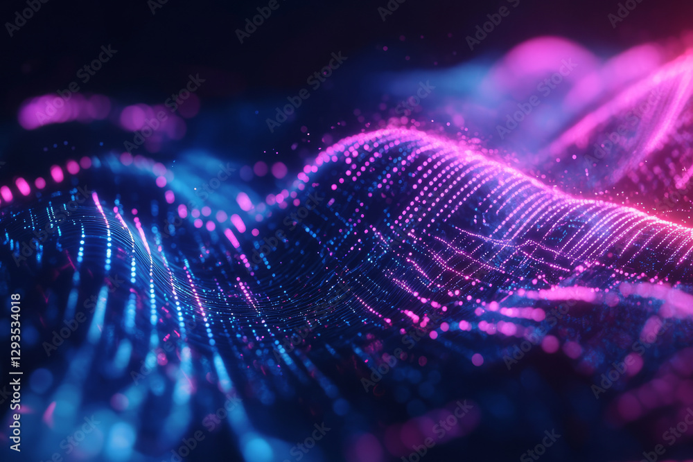Poster technology, abstract, background with futuristic neon waves flowing across a dark surface. glowing l