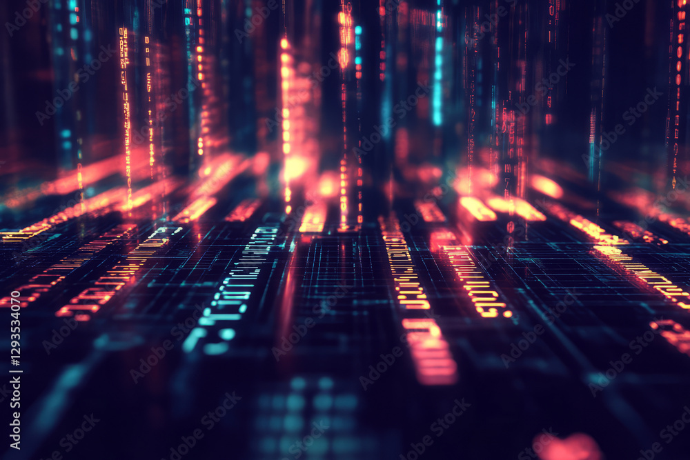 Poster abstract matrix-like data flow with endless rows of luminous digits, holographic light effects, and 