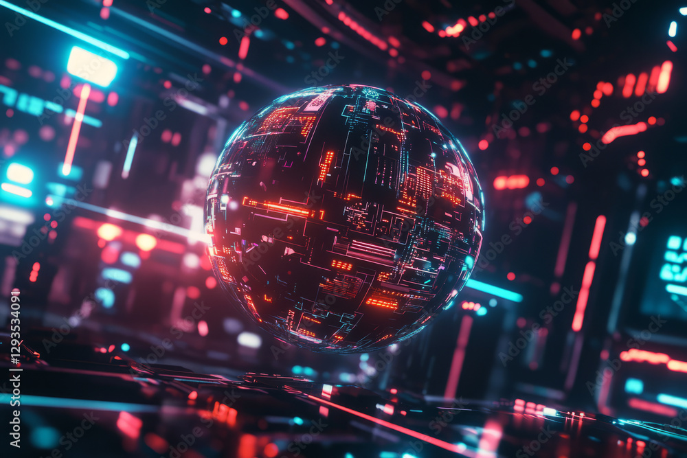 Poster a high-tech futuristic energy sphere floating in deep cyberspace, surrounded by glowing digital conn