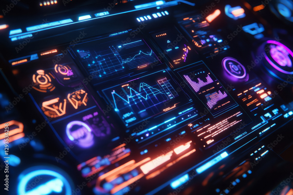 Poster a glowing holographic interface, floating in deep cyberspace, displaying complex data charts, futuri