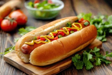 Delicious hot dog lying on wooden board with mustard and vegetables