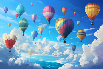 Obraz premium Illustration of a whimsical hot air balloon festival high above a vast ocean. The sky is filled with vibrant balloons in various shapes and colors, drifting lazily amidst fluffy clouds, while the sea
