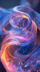 Weightless, semi-transparent ribbons twist in radiant blue and orange hues. A mesmerizing cosmic energy flow fills the surreal, ambient backdrop.
