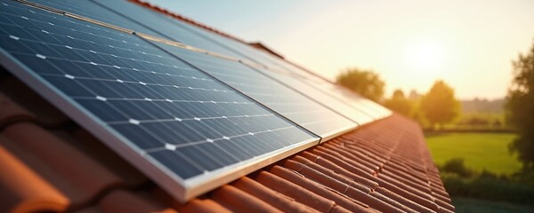 Solar panels on red tile roof provide alternative energy. Renewable photovoltaic system creates clean electricity from sunlight at house. Eco friendly tech innovation, green power rooftop residential