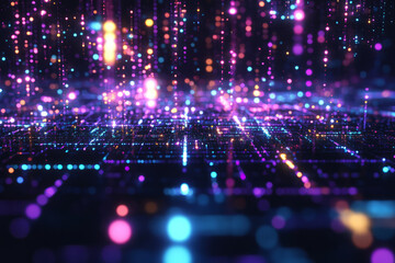 Fototapeta premium Abstract 3D visualization of quantum computing technology, floating particles forming a glowing grid, futuristic cyber environment, neon holographic colors, ultra-detailed, sci-fi inspired.