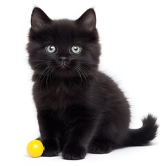 Fototapeta premium Adorable Black Kitten with Fluffy Fur and Bright Eyes Next to Yellow Ball