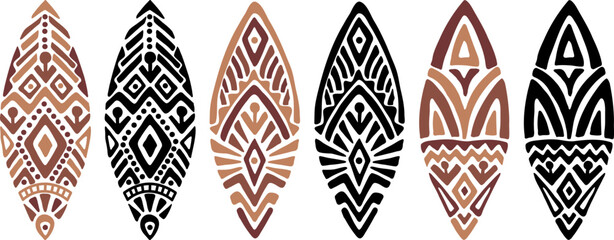 African shields decorative drawn vector illustration. Perfect for bohemian interior design. Leaf shape with tribal ornament. Vector art isolated on white background. Surfboards set with ethnic pattern