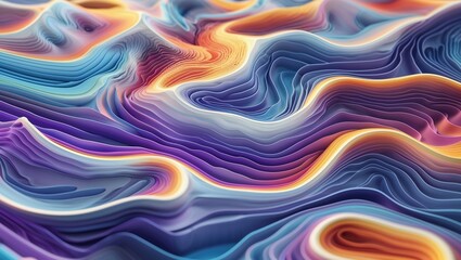 Colorful abstract 3D shapes undulate and flow across the surface, showcasing a blend of vibrant hues and intricate patterns that create visual depth and movement