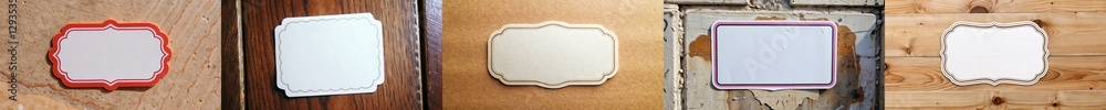 Poster five different shapes of white tags, each with a red border. the tags are placed on a wooden surface